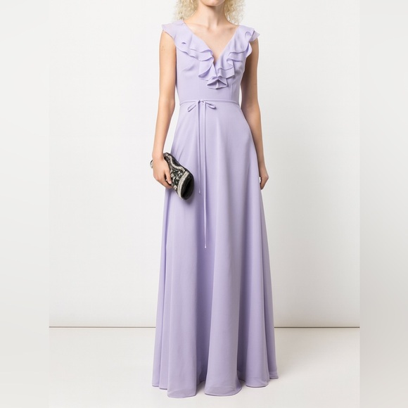 NWT Marchesa Notte Ruffle Trim Floor Length Gown In Lilac Size 14 - Picture 1 of 11